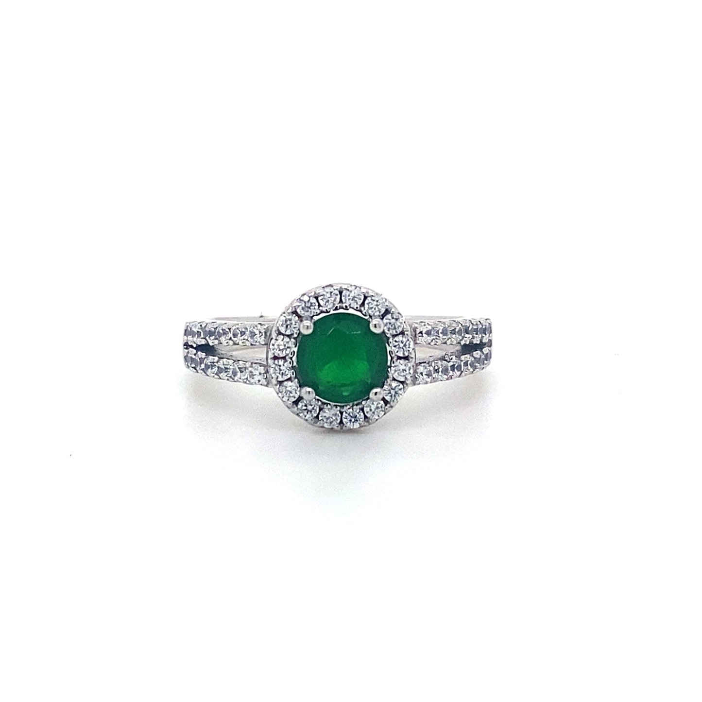 Round Cut Green Emerald Split Solitaire Shank In 925 Sterling Silver