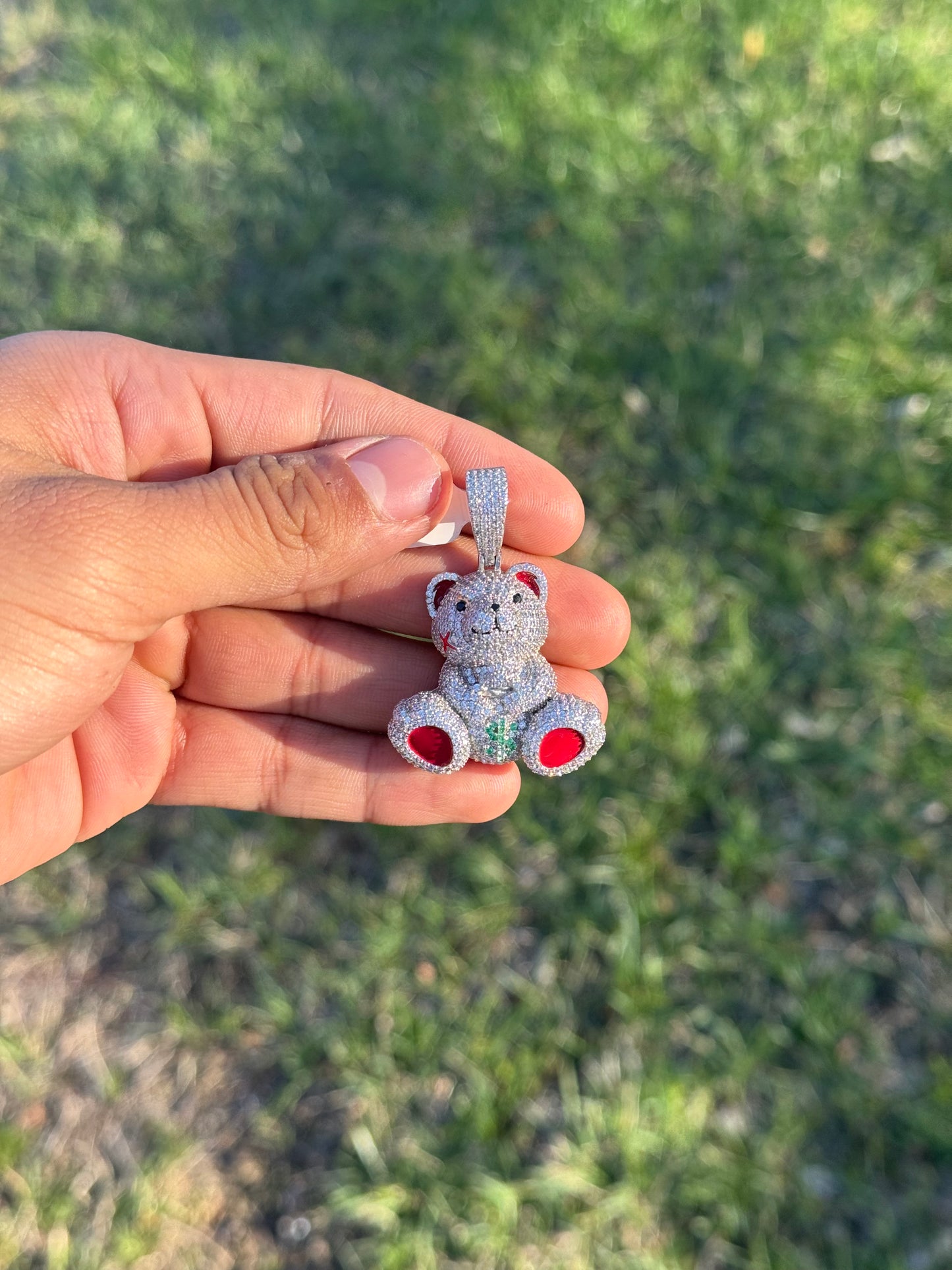 Teddy Bear Pendant W/ Red Enamel In 925 Sterling Silver
