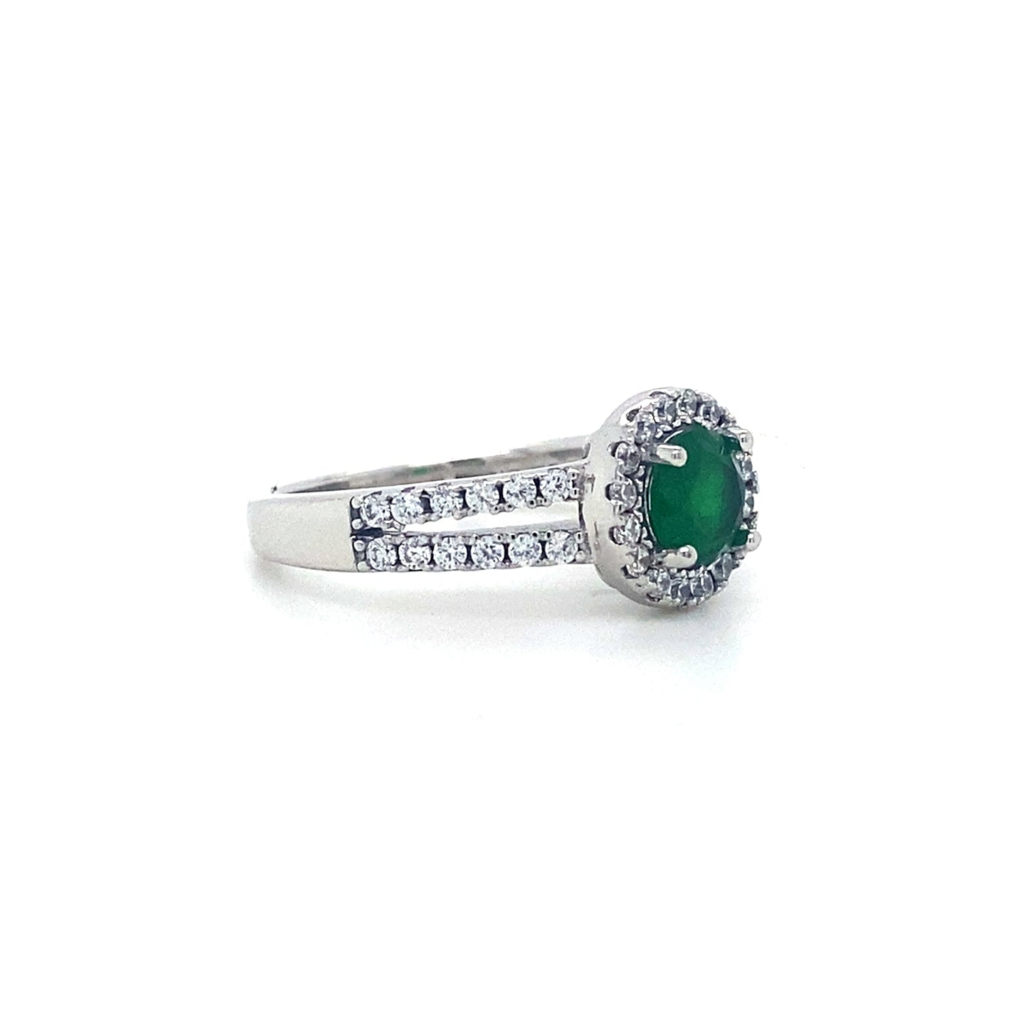 Round Cut Green Emerald Split Solitaire Shank In 925 Sterling Silver