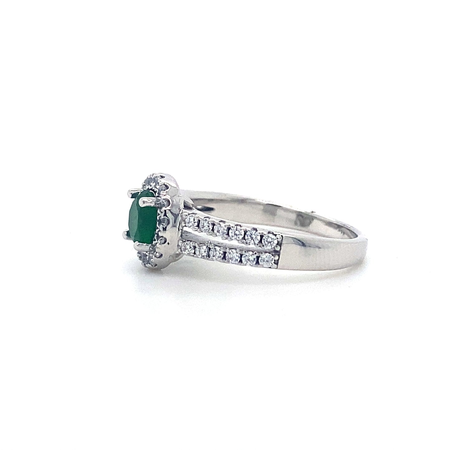 Round Cut Green Emerald Split Solitaire Shank In 925 Sterling Silver
