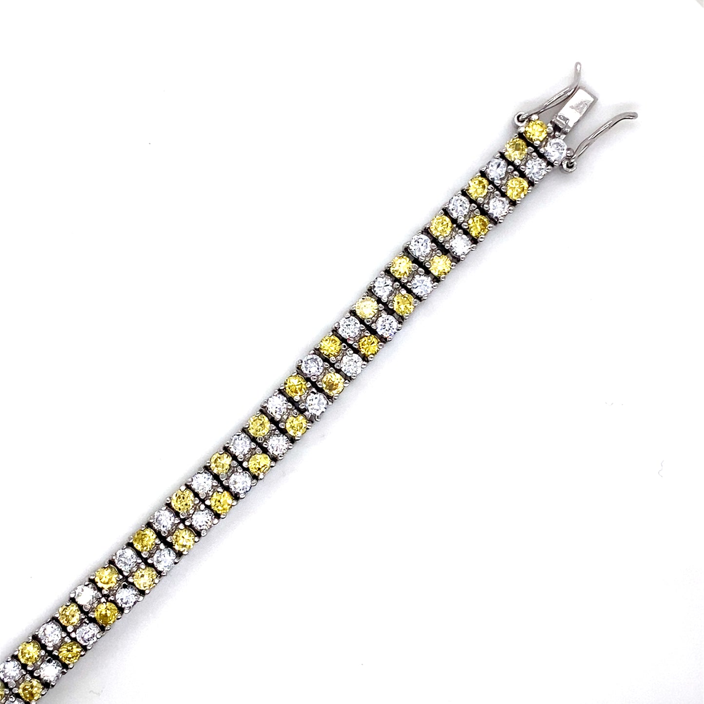 925 Sterling Silver Men's 2 Row Clear and Yellow CZ Bubble Bracelet