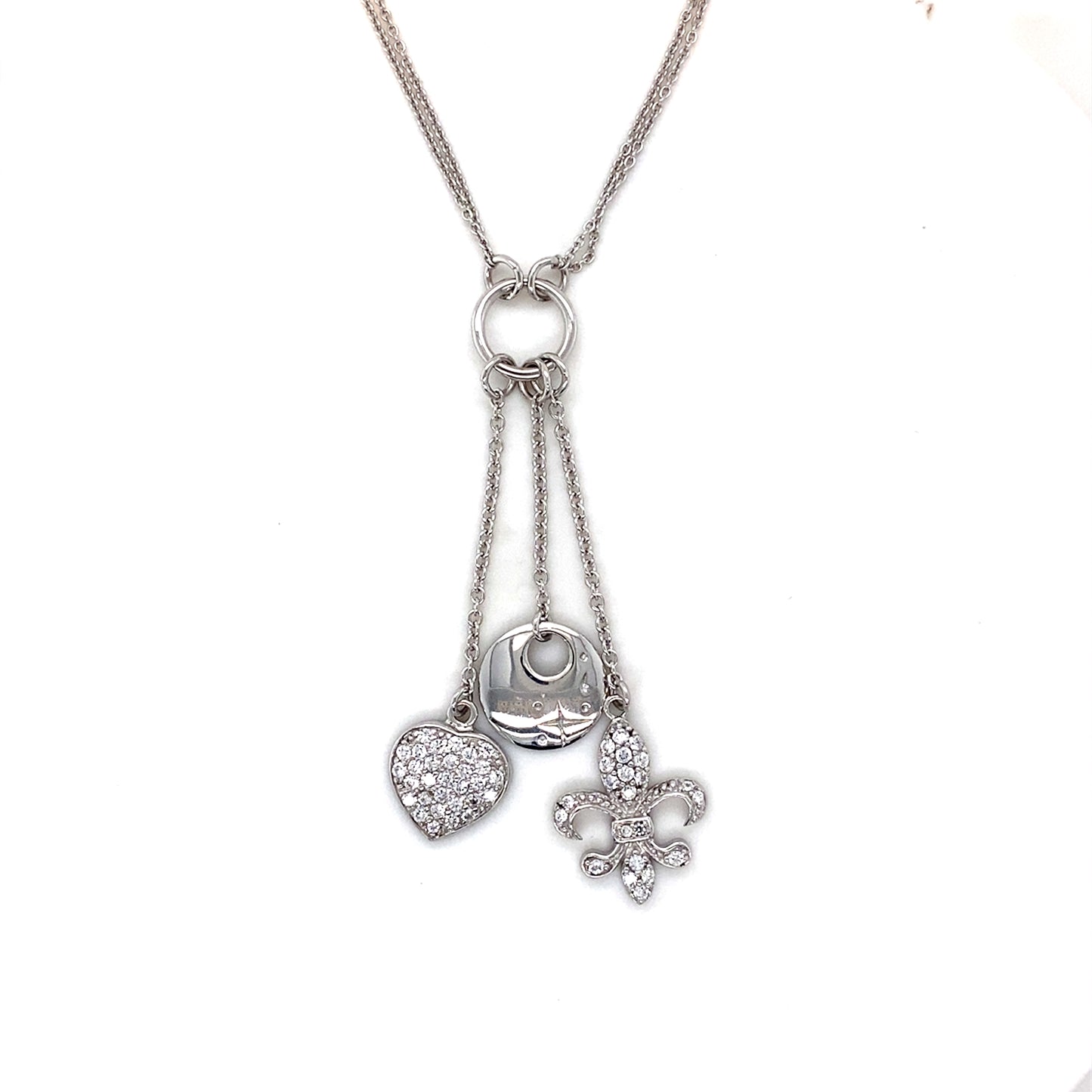 925 Silver CZ Heart, Fleur-De-Lis, Disc Charm Necklace