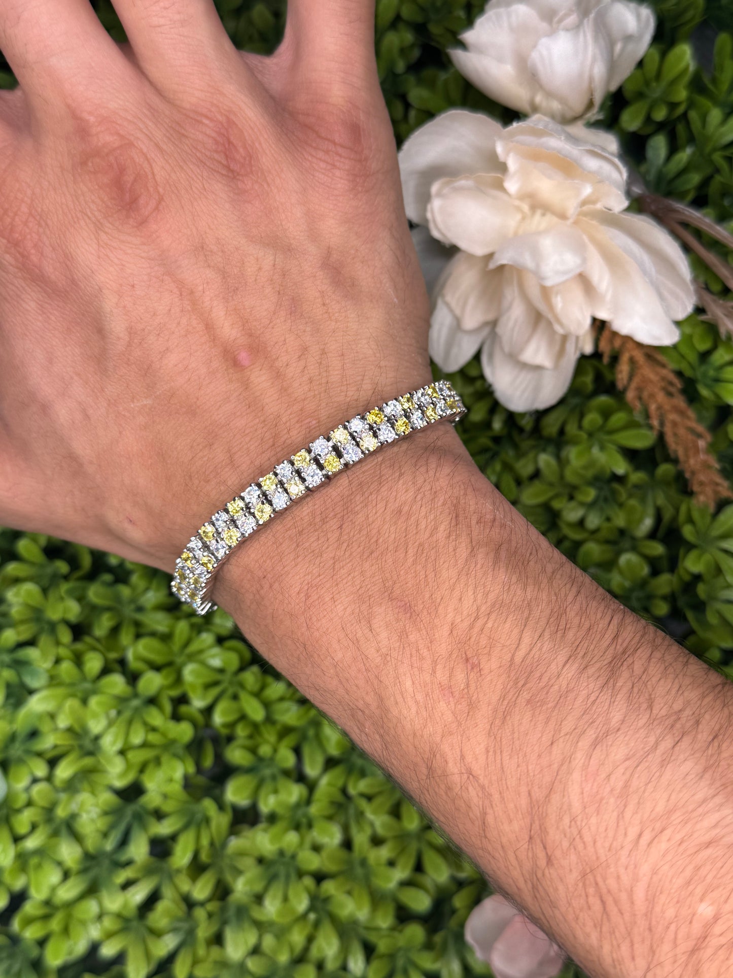 925 Sterling Silver Men's 2 Row Clear and Yellow CZ Bubble Bracelet