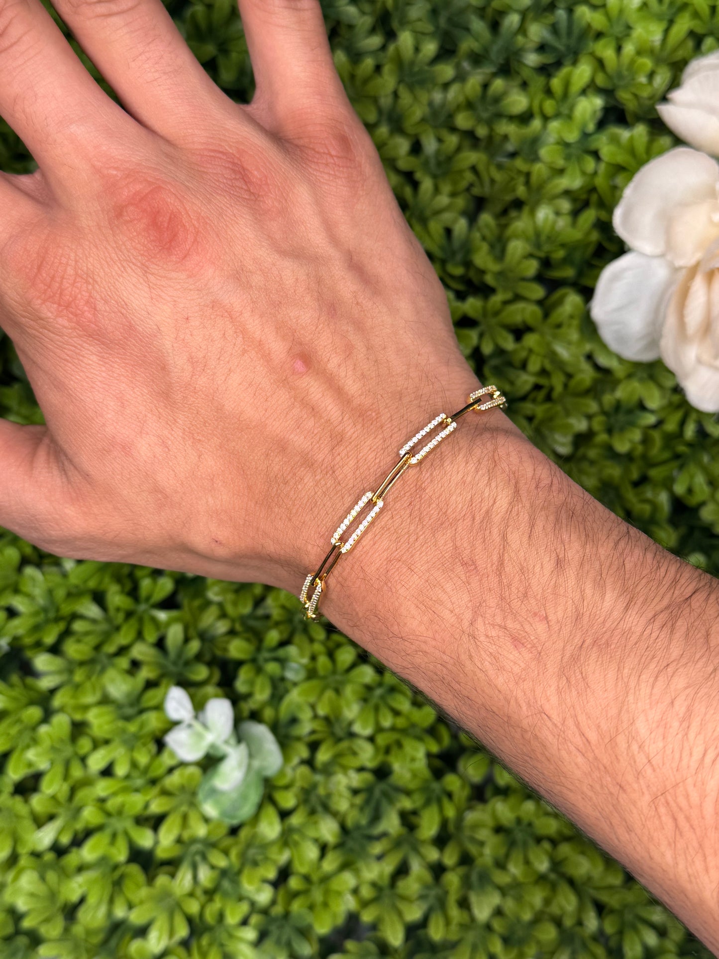 Gold-Plated Sterling Silver Paperclip Bracelet with CZ Accents