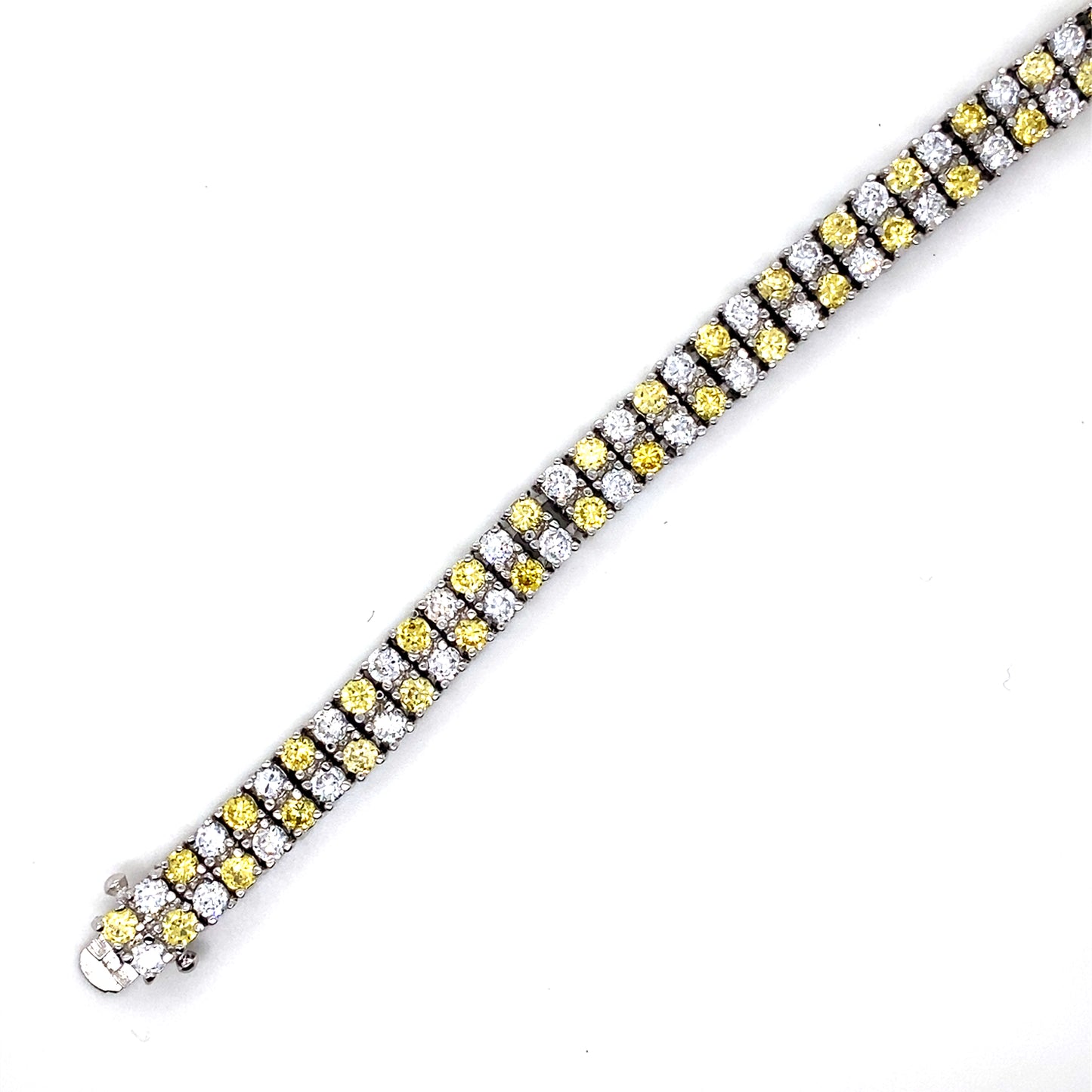 925 Sterling Silver Men's 2 Row Clear and Yellow CZ Bubble Bracelet