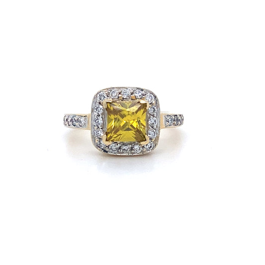 14K Yellow Gold Princess Cut 6MM Yellow Citrine Ring with Lab Diamonds