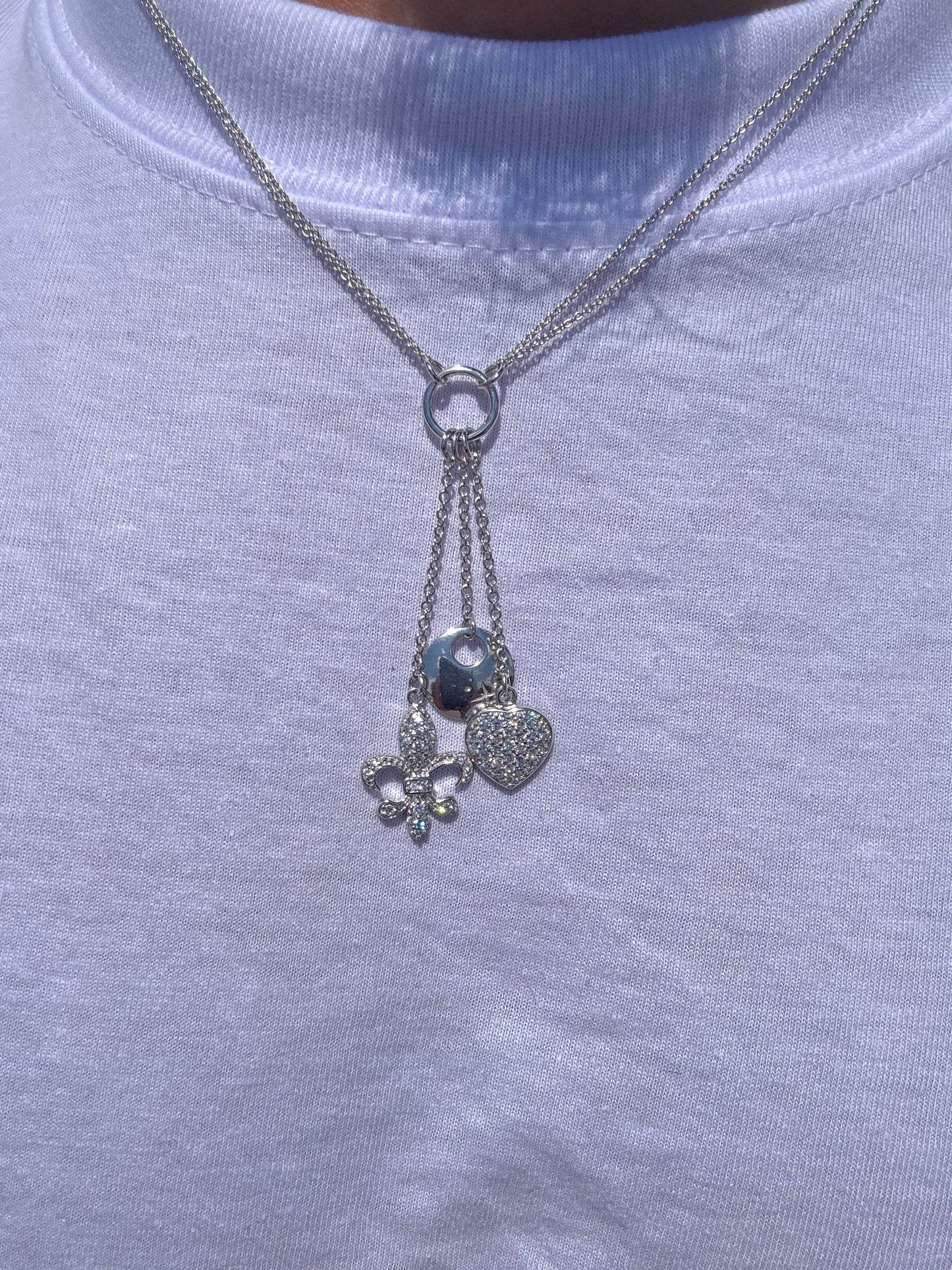 925 Silver CZ Heart, Fleur-De-Lis, Disc Charm Necklace