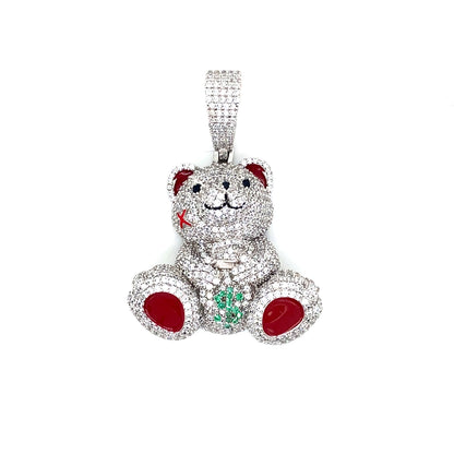 Teddy Bear Pendant W/ Red Enamel In 925 Sterling Silver