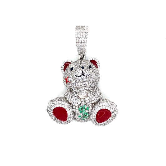 Teddy Bear Pendant W/ Red Enamel In 925 Sterling Silver