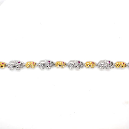Two-Tone Plated Sterling Silver Adjustable Elephant Bracelet with Clear & Ruby Red CZ