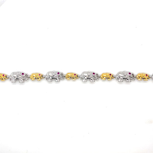 Two-Tone Plated Sterling Silver Adjustable Elephant Bracelet with Clear & Ruby Red CZ