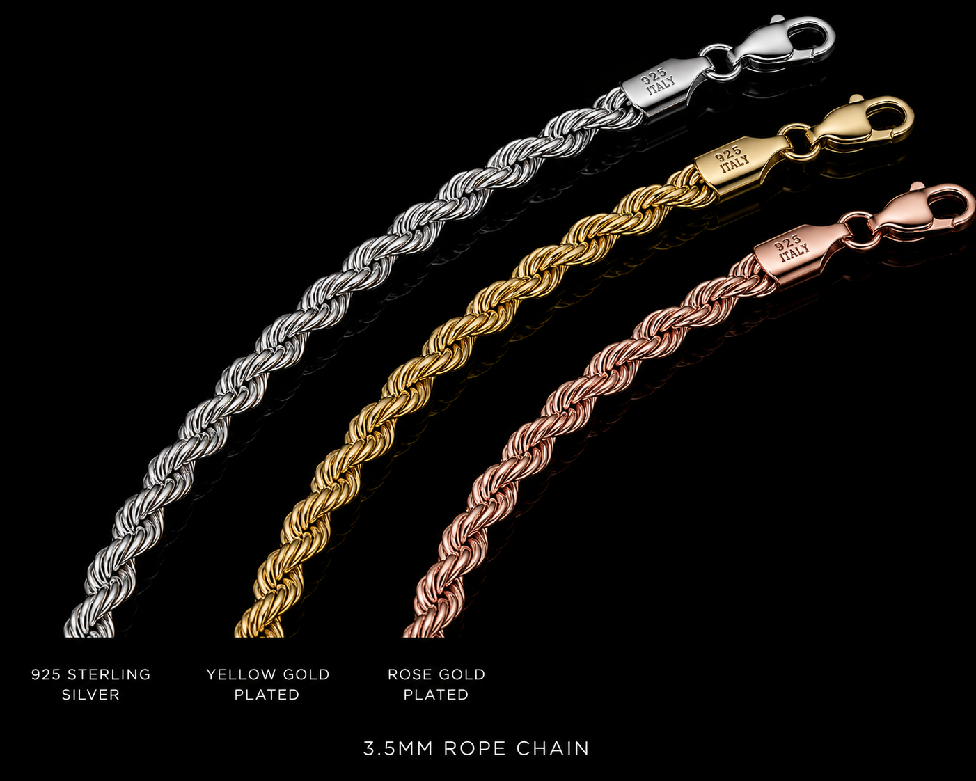 925 Sterling Silver 3.5MM Rope Chain & Bracelet