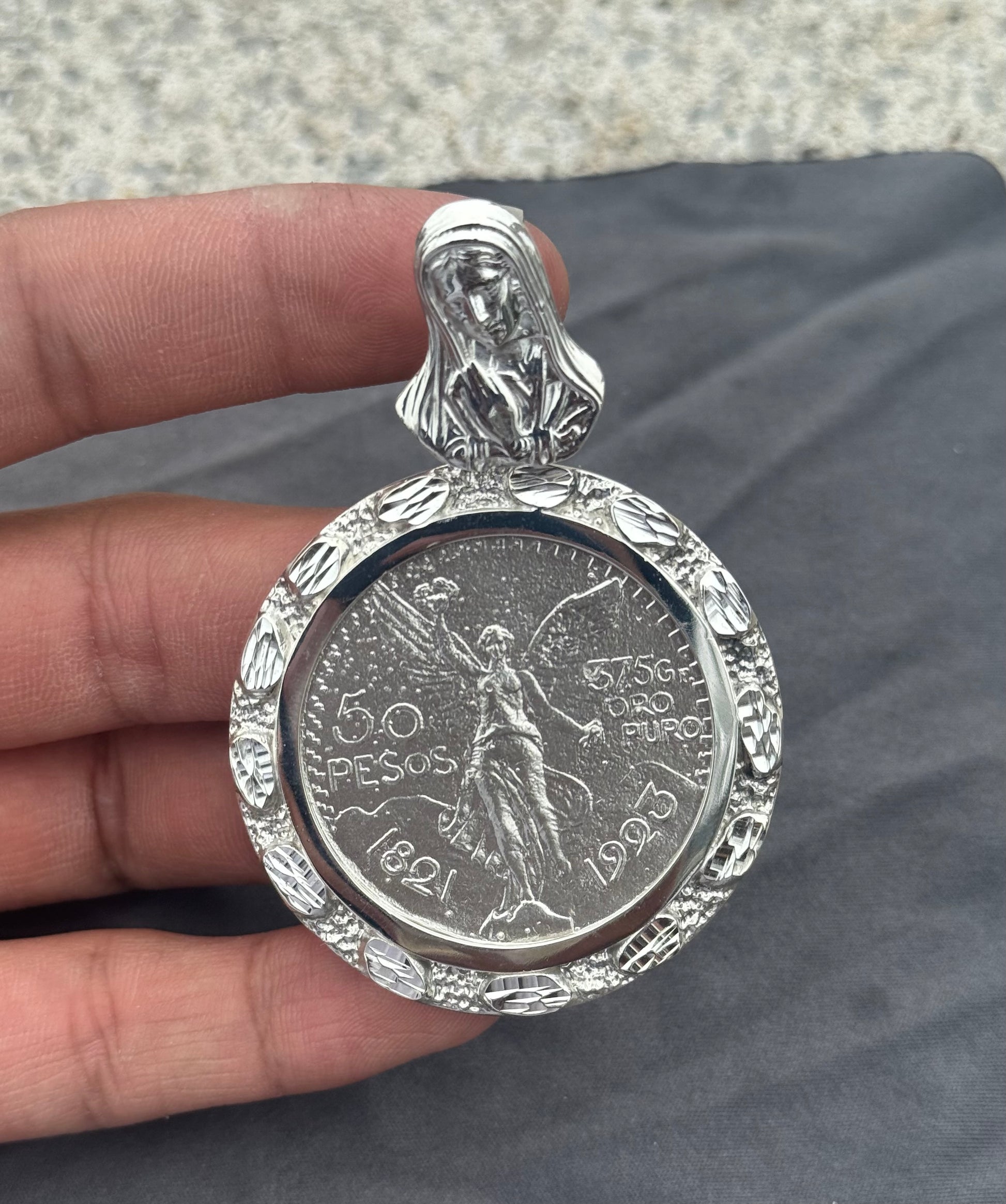 925 Silver Nugget Centenario Pendant with Virgin Mary - D's Custom Jewelry