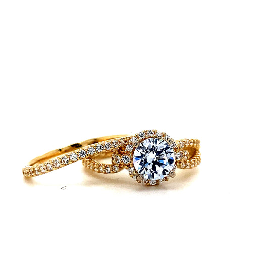 14K Yellow Gold Round Halo Engagement Ring Set