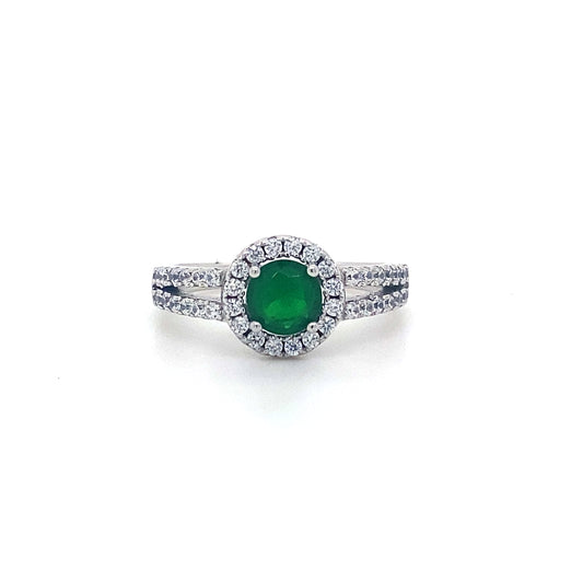 Round Cut Green Emerald Split Solitaire Shank In 925 Sterling Silver