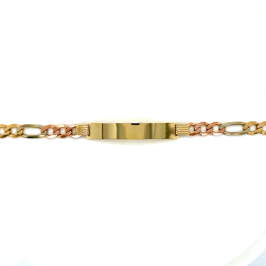 14K Multi-Tone Figaro Link ID Bracelet 8 1/4”
