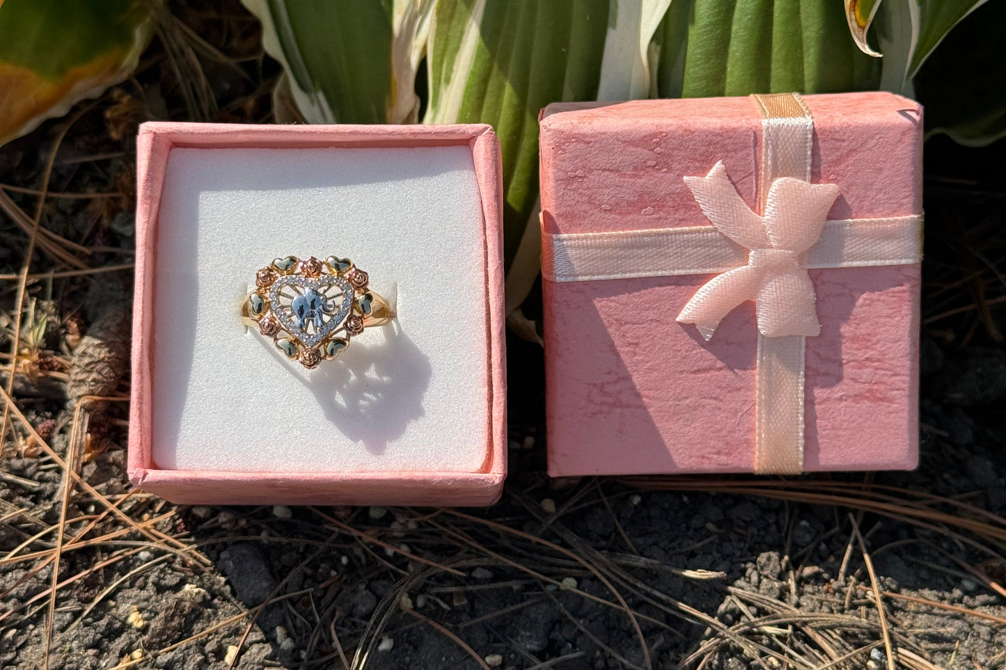 14K Tri Color Elephant Heart & Rose Ring