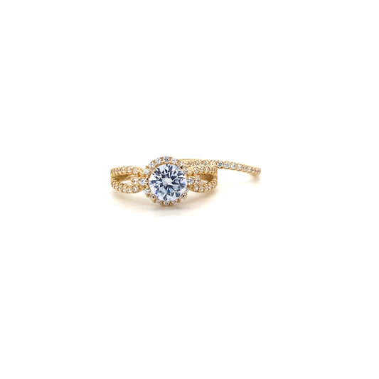 14K Yellow Gold Round Halo Engagement Ring Set