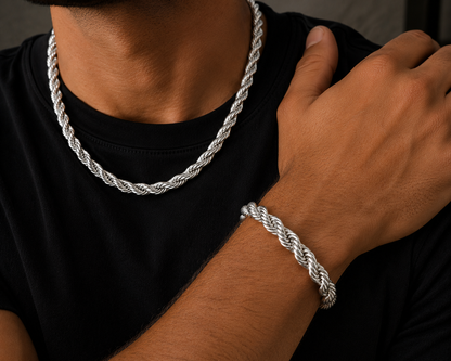 925 Sterling Silver 10MM Rope Chain & Bracelet