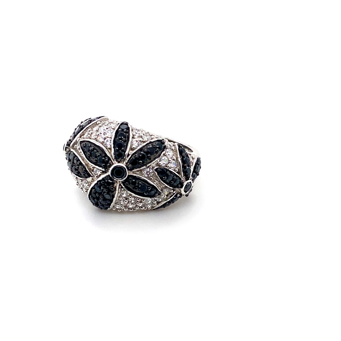 Black & White CZ Flower Ring in Sterling Silver