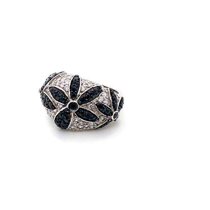 Black & White CZ Flower Ring in Sterling Silver