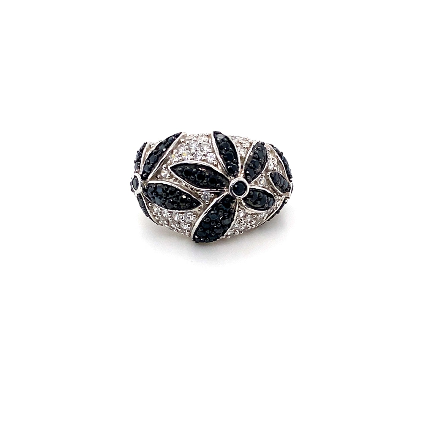 Black & White CZ Flower Ring in Sterling Silver
