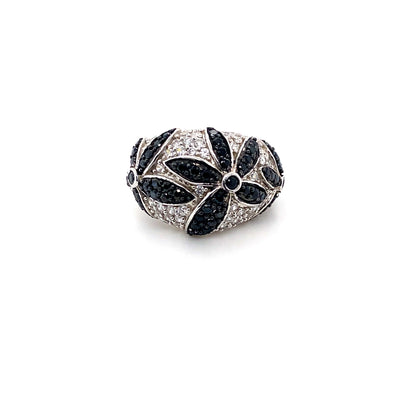 Black & White CZ Flower Ring in Sterling Silver