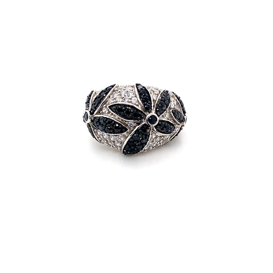 Black & White CZ Flower Ring in Sterling Silver
