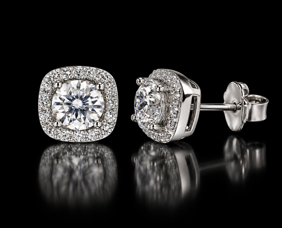 925 Sterling Silver Moissanite Cushion Halo Stud Earrings
