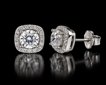 925 Sterling Silver Moissanite Cushion Halo Stud Earrings