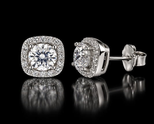 925 Sterling Silver Moissanite Cushion Halo Stud Earrings