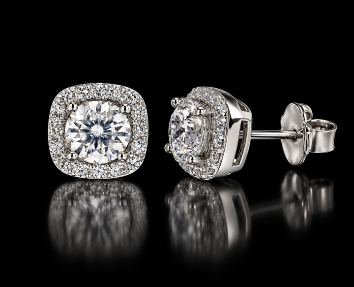 925 Sterling Silver Moissanite Cushion Halo Stud Earrings