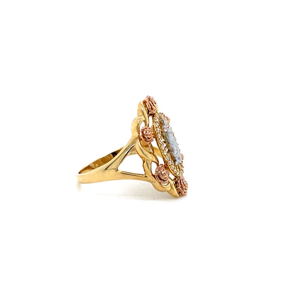 14K Multi Tone Virgin Mary Blooming Rose Ring