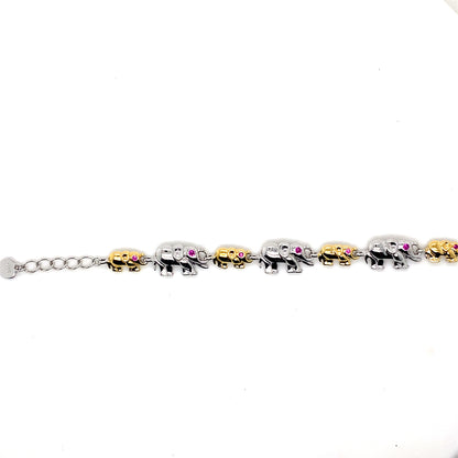 Two-Tone Plated Sterling Silver Adjustable Elephant Bracelet with Clear & Ruby Red CZ
