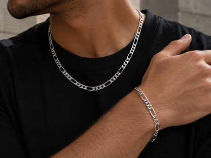 925 Sterling Silver 7MM Figaro Chain & Bracelet
