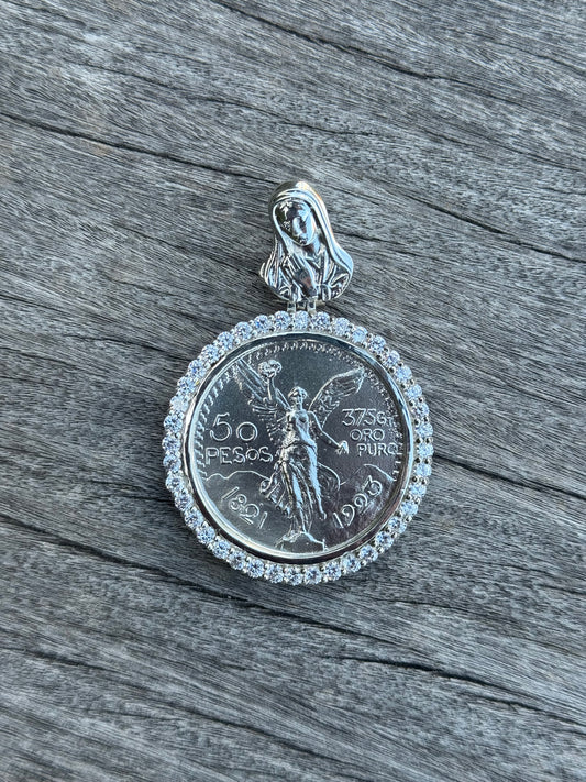 925 Silver Centenario Pendant W/ Virgin Mary
