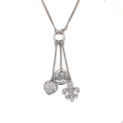 925 Silver CZ Heart, Fleur-De-Lis, Disc Charm Necklace