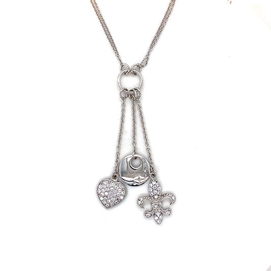 925 Silver CZ Heart, Fleur-De-Lis, Disc Charm Necklace