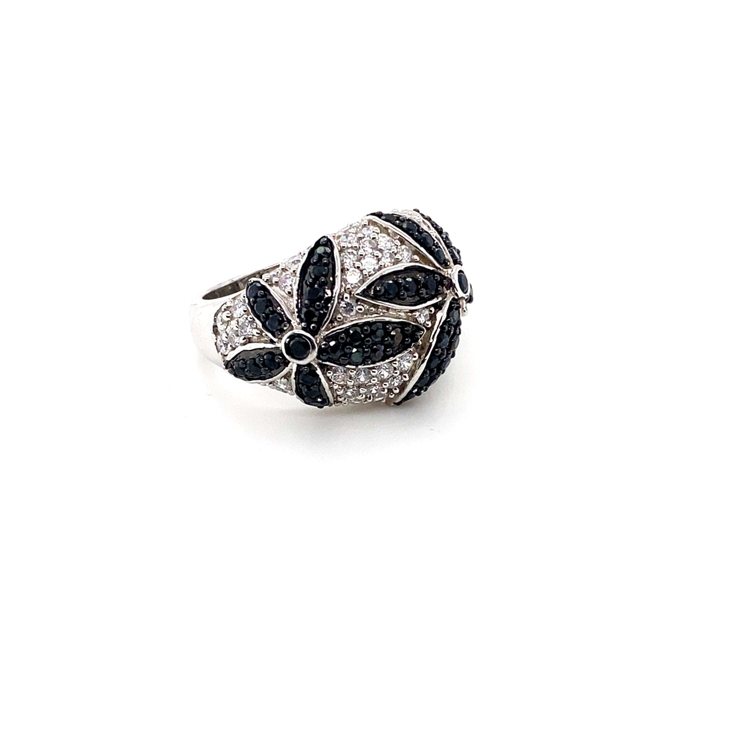 Black & White CZ Flower Ring in Sterling Silver
