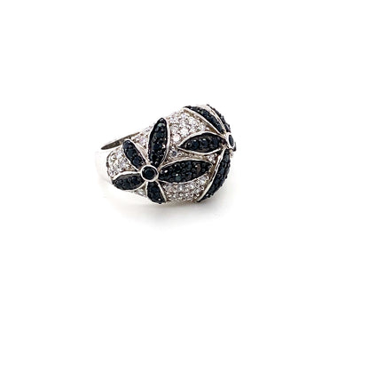 Black & White CZ Flower Ring in Sterling Silver