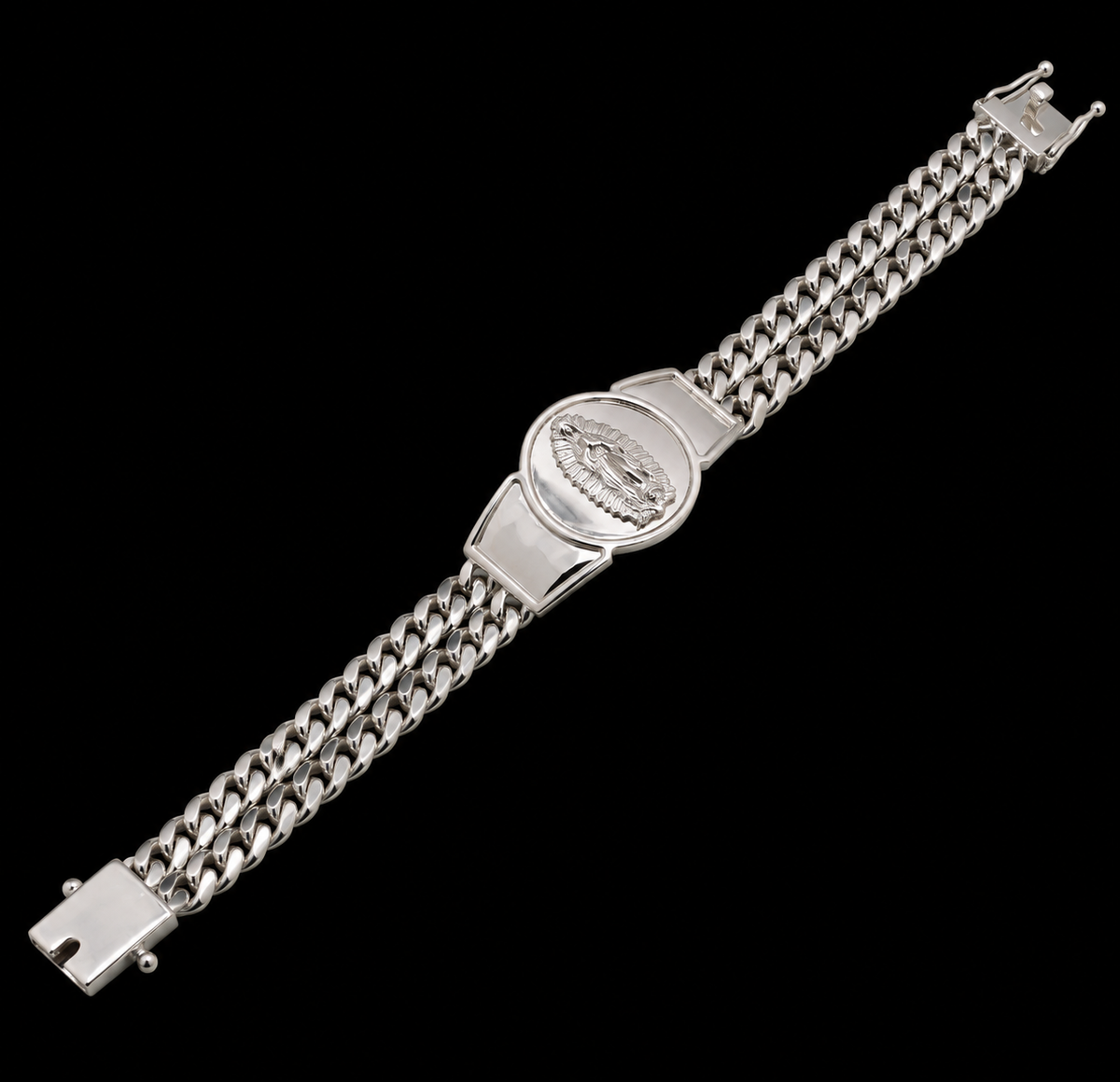 925 Sterling Silver 12.4MM Two Strand Curb Our Lady of Guadalupe Bracelet