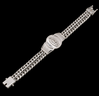 925 Sterling Silver 12.4MM Two Strand Curb Our Lady of Guadalupe Bracelet