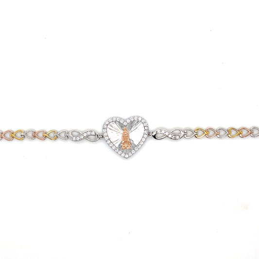 Three-Tone Plated Sterling Silver Diamond-Cut Heart Guadalupe Bracelet with Clear CZ – Adjustable (16.8mm x 15.1mm)