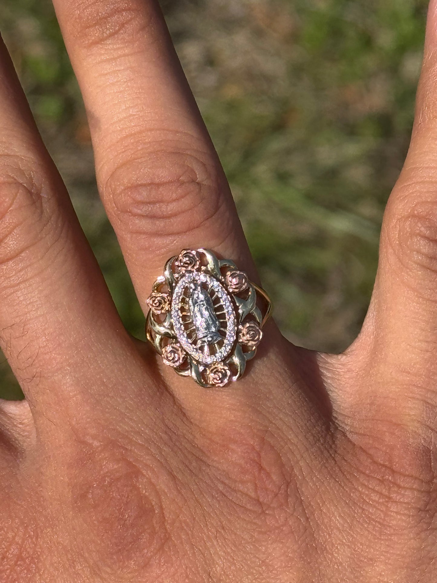 14K Multi Tone Virgin Mary Blooming Rose Ring