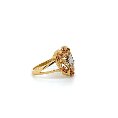 14K Tri Color Elephant Heart & Rose Ring