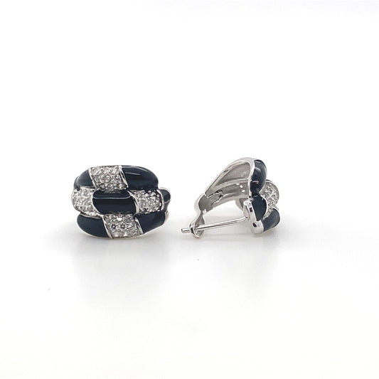 925 Sterling Silver & Black Enamel Round Earrings