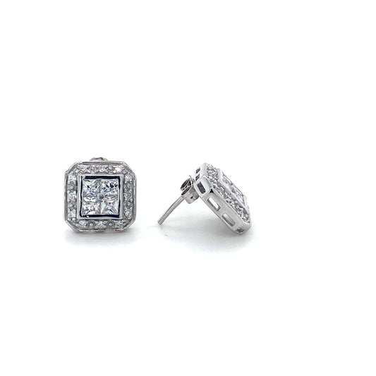 Square Halo Clear In 925 Sterling Silver CZ Stud Earrings