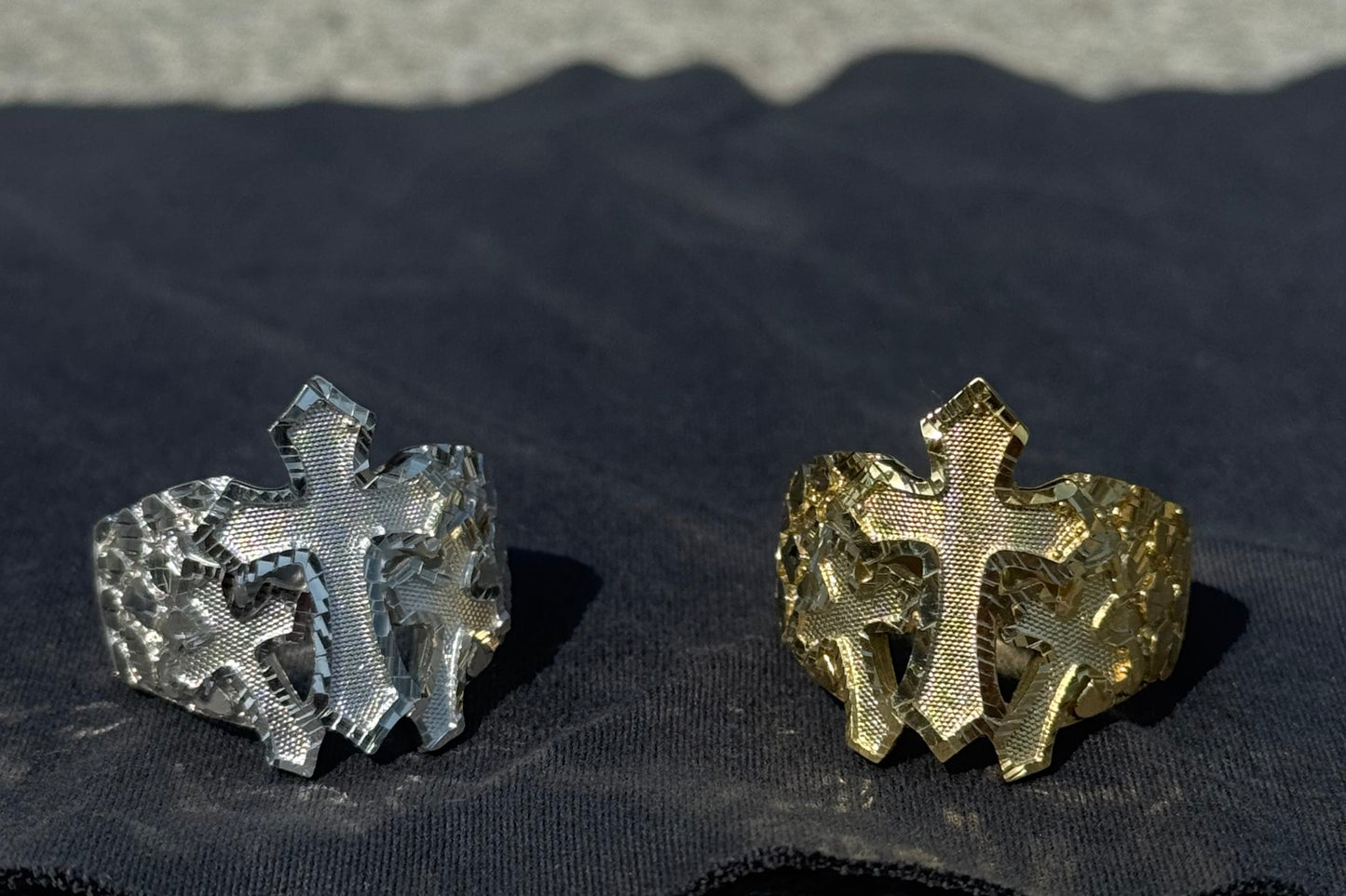 925 Silver Triple Cross Nugget Ring - Religious Ring - D's Custom Jewelry