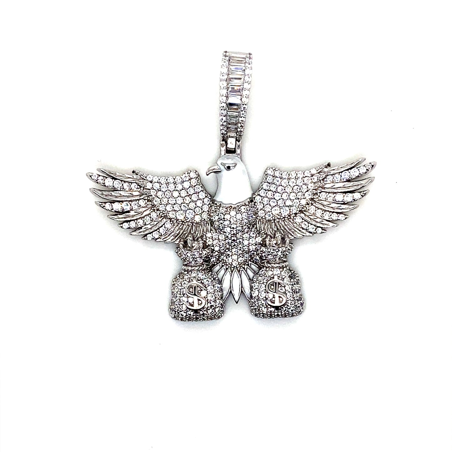 925 Sterling Silver Eagle Money Bag White Enamel Pendant