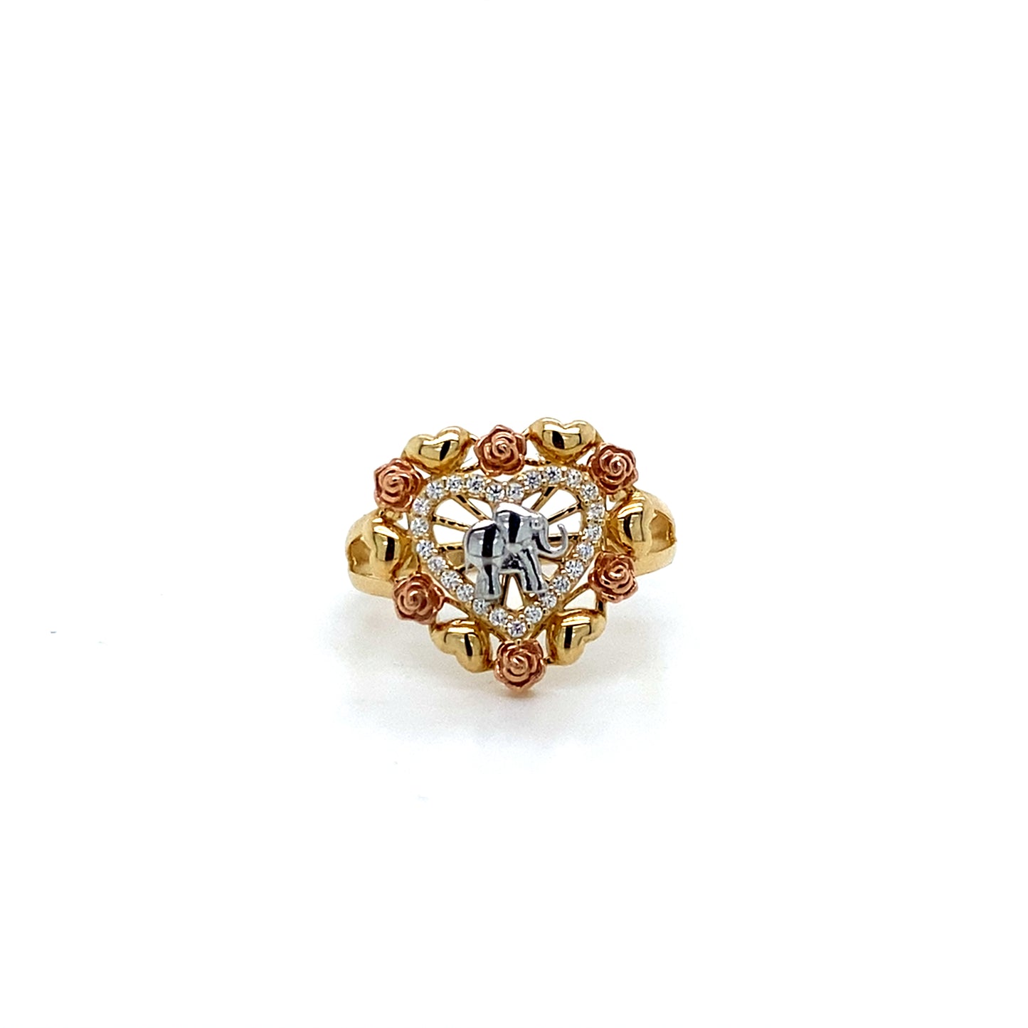 14K Tri Color Elephant Heart & Rose Ring